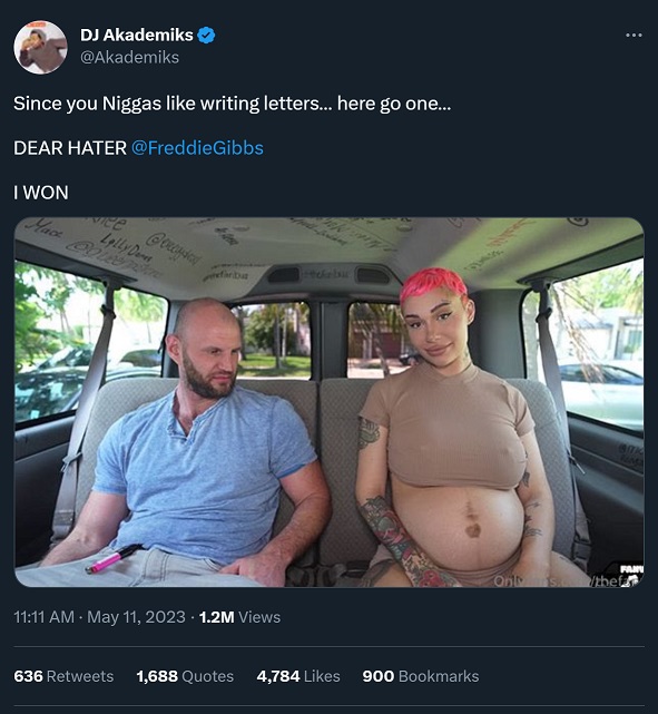 DJ Akademiks Posts Picture of Freddie Gibbs' Pregnant Baby Mama in an Adult Film Bang Bus Video with White Man