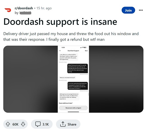 Reddit User Exposes DoorDash Customer Service after a DoorDasher Threw His Food in the Road