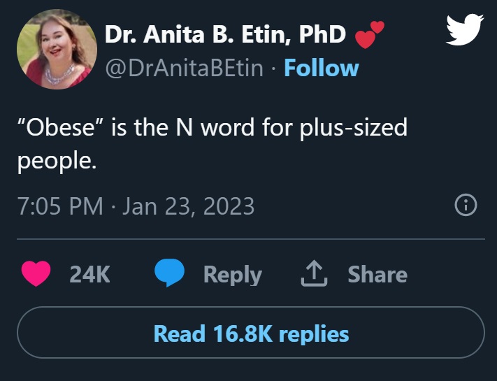 Social Media Reaction to White Woman Dr. Anita B. Etin Comparing 'Obese' to N-Word Racial Slur