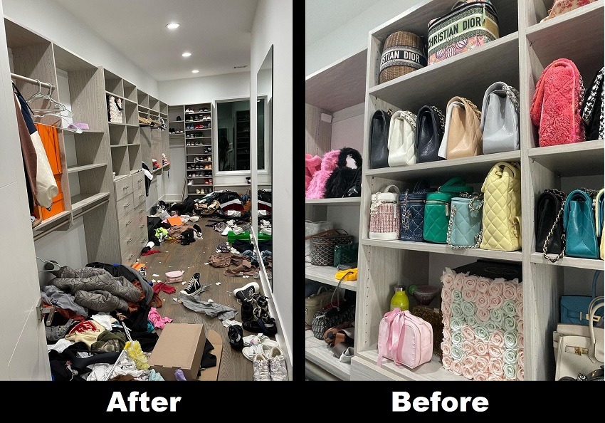 Befor and After photo of Instagram user parmoonx house robbery of all designer clothing.