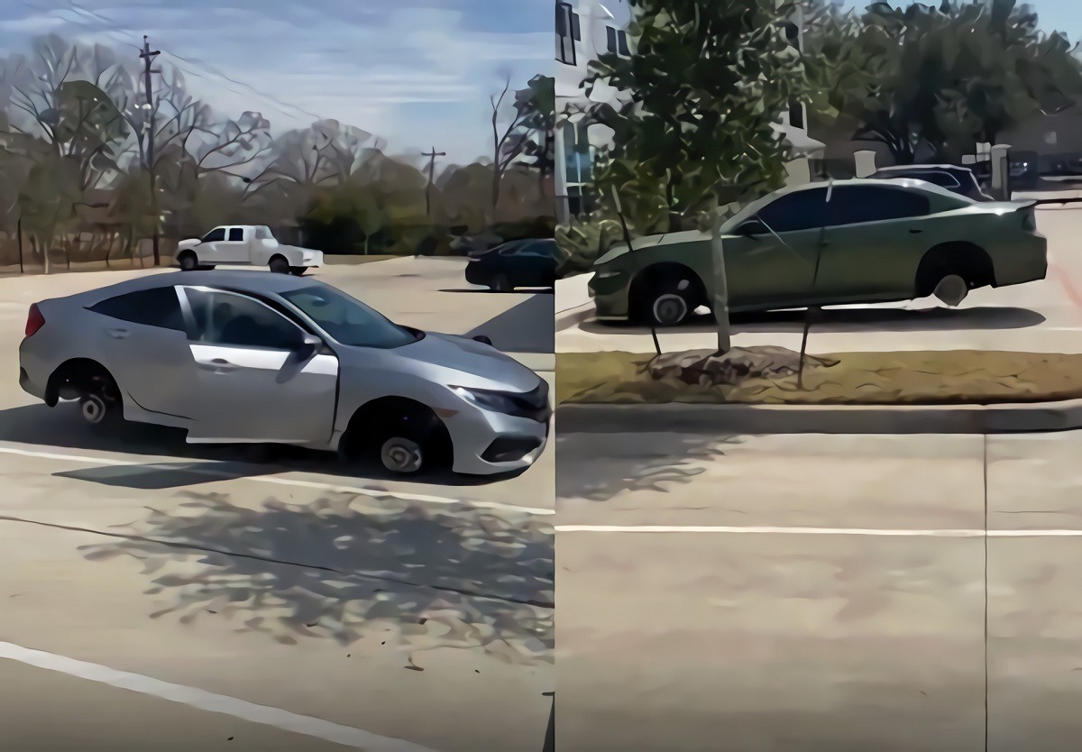 A viral TikTok video shows what residents saw after car wheel thieves stole the wheels off every car parked at a Houston Apartment complex.