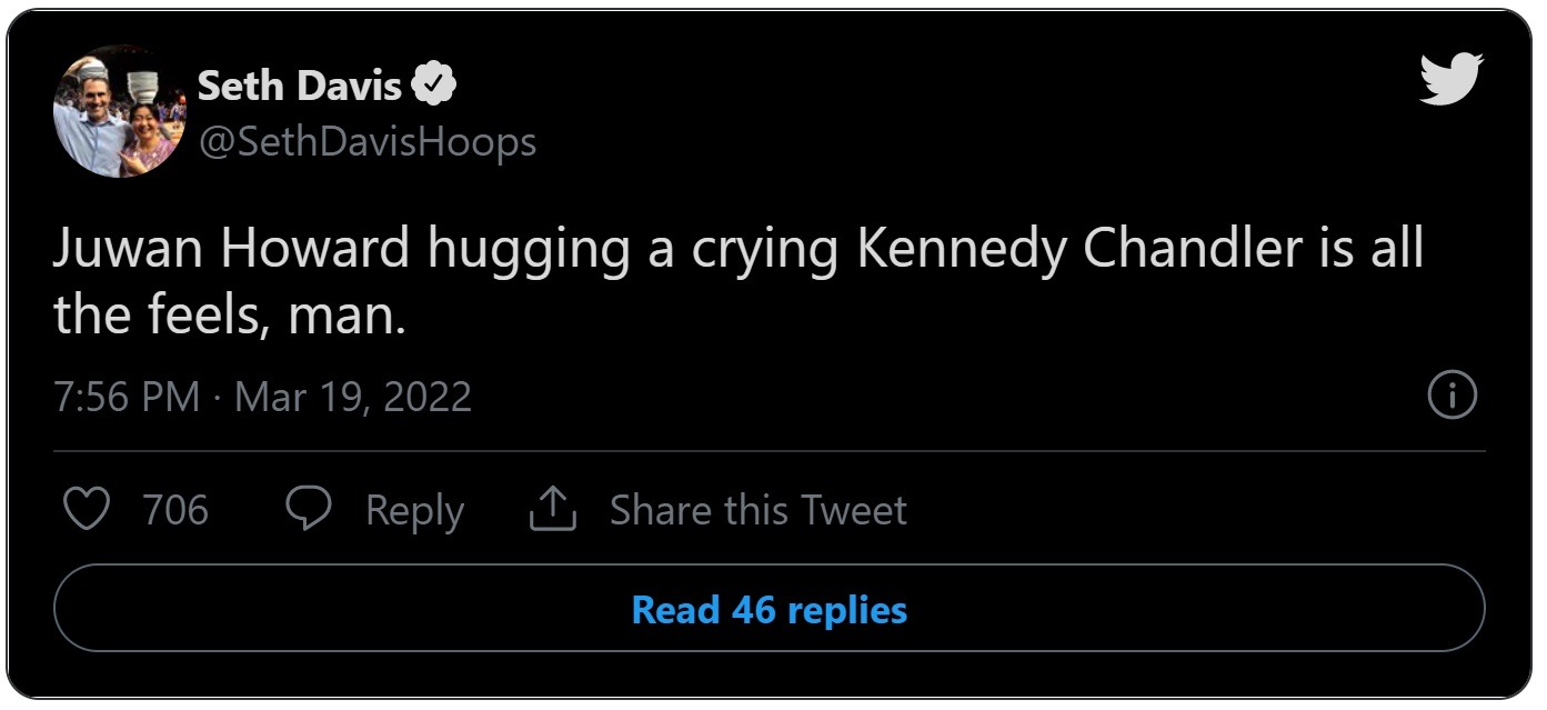 Reaction to Juwan Howard Hugging Kennedy Chandler in tears crying.