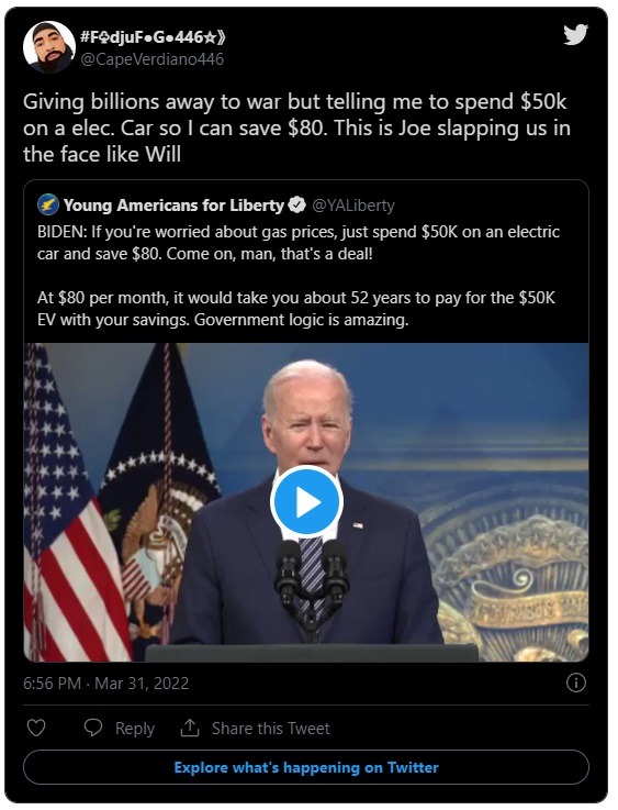 Social media reaction to Joe Biden's 'Save $80' by buying an Electric car comment.