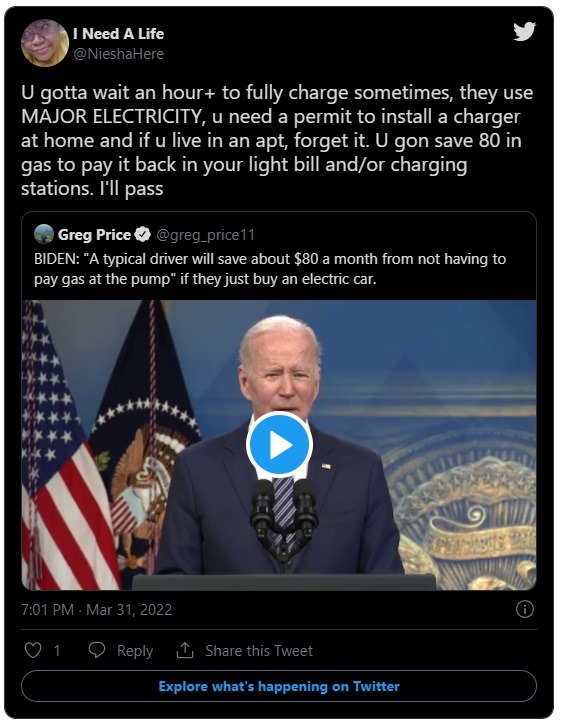 Social media reaction to Joe Biden's 'Save $80' by buying an Electric car remark.