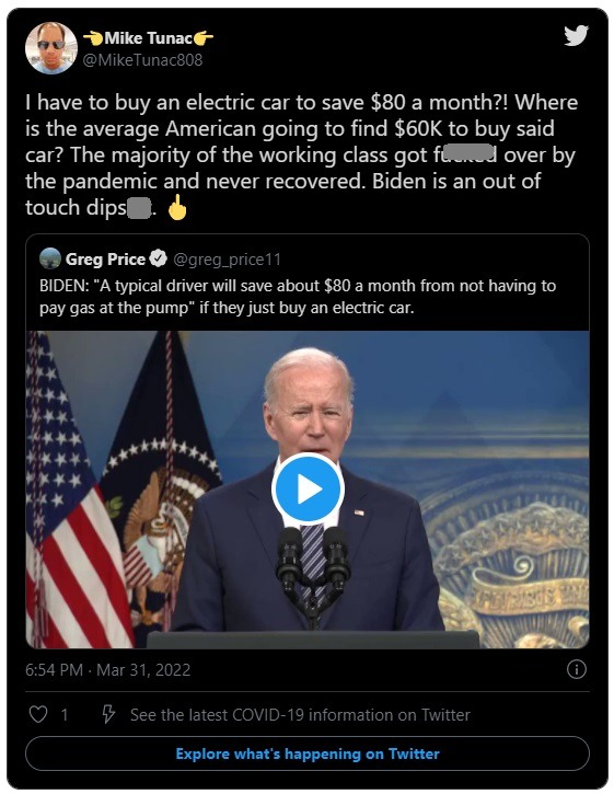 Social media reaction to Joe Biden's 'Save $80' by buying an Electric car comment