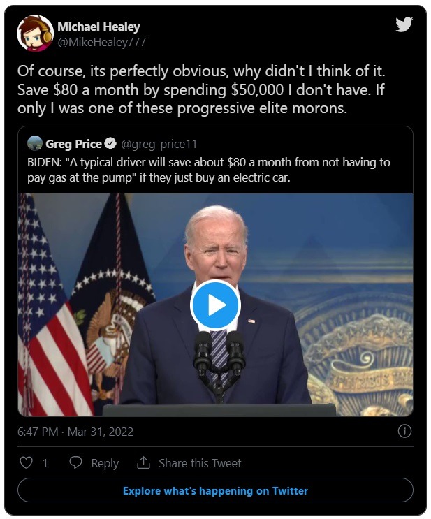 Social media reaction to Joe Biden's 'Save $80' by buying an Electric car remark about high gas prices.
