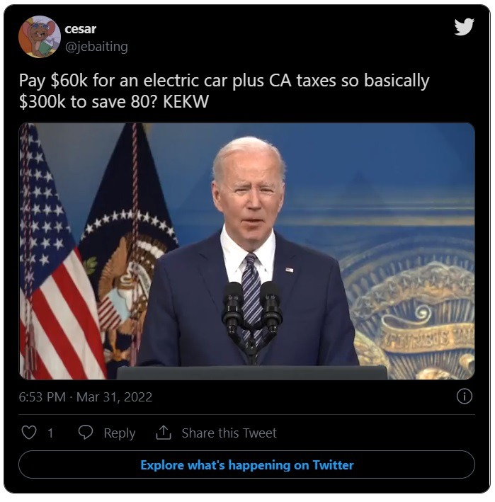 Social media reaction to Joe Biden's 'Save $80' by buying an Electric car comment about high gas prices.
