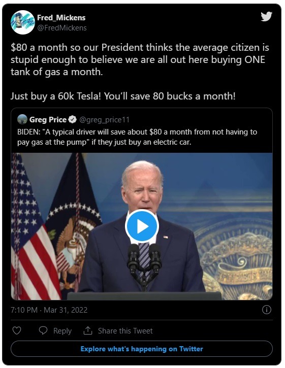 Social media reaction to Joe Biden's 'Save $80' by buying an Electric car comment about high gas prices.