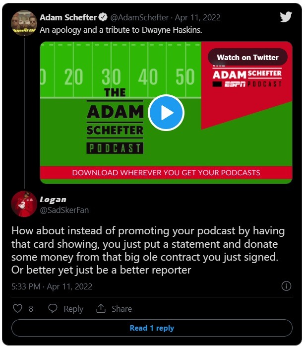 Reaction to Adam Schefter using Dwayne Haskins' death to promote his podcast.