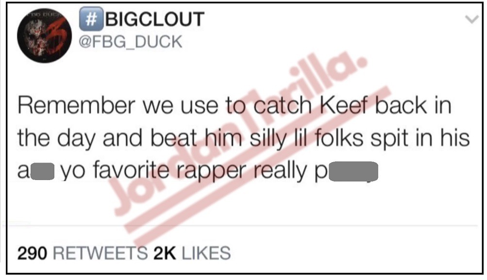 FBG Duck tweet saying people spit in Chief Keef's during gay violation.