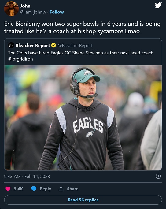 Are NFL Executives Not Hiring Eric Bieniemy as Head Coach Because He's Black? Racism Conspiracy Theory Evidence after Colts Eagles Hire Offensive Coordinator Shane Steichen as New Head Coach