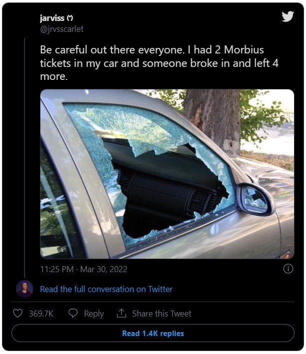 Woman tells story about someone breaking into her car and leaving 4 Morbius tickets.