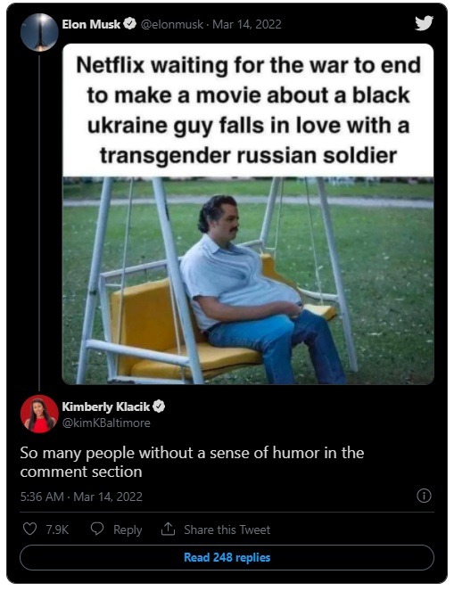 Social Media Reacts to Elon Musk's Ukraine War Black Guy Transgender Russian Soldier Joke About Netflix. Is the Ukraine War Joke Proof Elon Musk is Racist and Transphobic?
