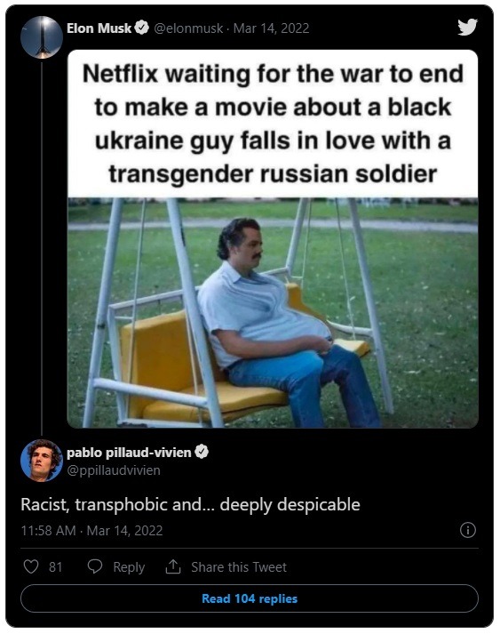 Social Media Reacts to Elon Musk's Ukraine War Black Guy Transgender Russian Soldier Joke About Netflix. Is the Ukraine War Joke Proof Elon Musk is Racist and Transphobic?