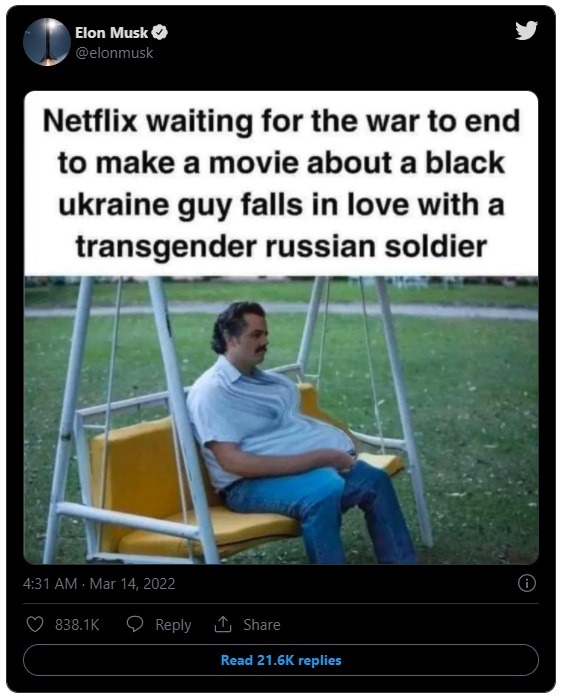 Is Elon Musk Racist and Transphobic? Elon Musk's Ukraine War Black Guy Transgender Russian Soldier Joke About Netflix Sparks Controversy