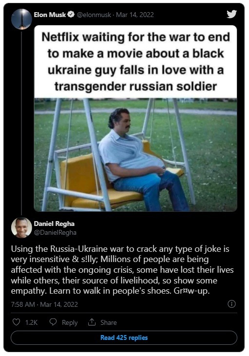 Social Media Reacts to Elon Musk's Ukraine War Black Guy Transgender Russian Soldier Joke About Netflix. Is the Ukraine War Joke Proof Elon Musk is Racist and Transphobic?