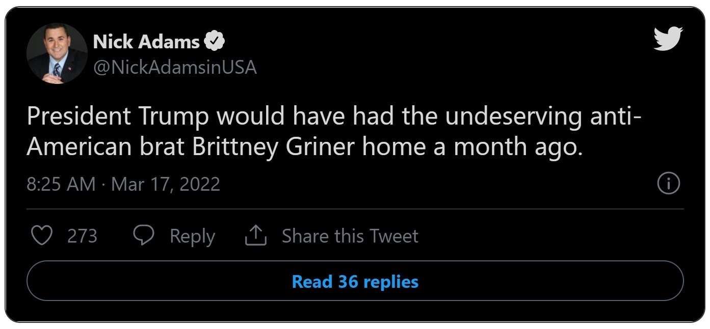Screenshot of Tweet from Nick Adams blaming Joe Biden for Brittney Griner in Russian jail.