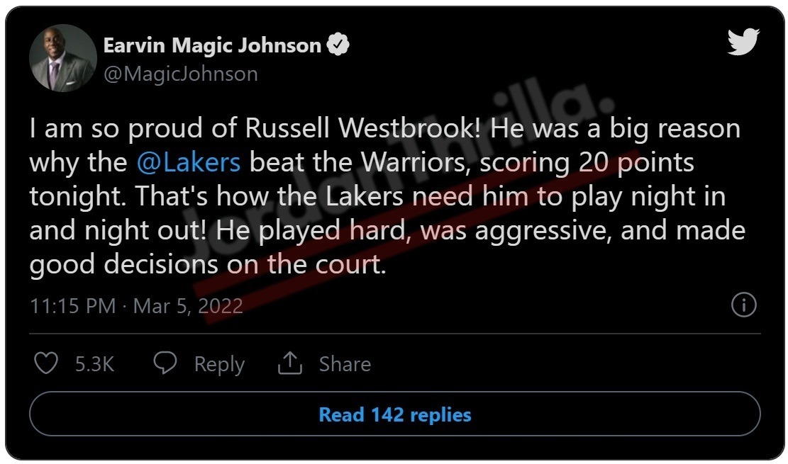 Magic Johnson Reacts to Russell Westbrook in Lebron James 56 Point Game Against Warriors. Russell Westbrook Flexing on Andrew Wiggins Was a Sign of Things To Come in Hindsight