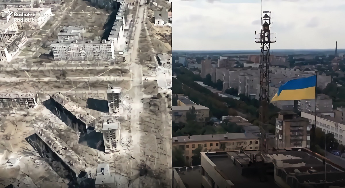 Before and After Photo of Mariupol Ukraine Showing Destruction Russia Airstrike Bombings Have Caused