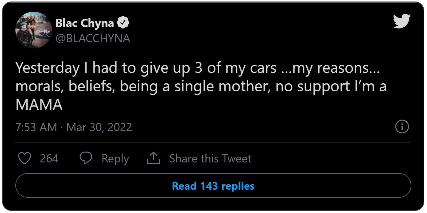 Blac Chyna explaining why she's broke and had to give up three cars.