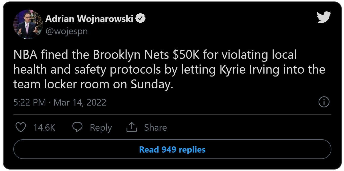 Social Media Criticizes NYC Mayor Eric Adams After Nets Fined $50K for Letting Kyrie Irving Enter Locker Room. Details on Why Nets Were Fined $50K for Letting Kyrie Irving Enter Locker Room.