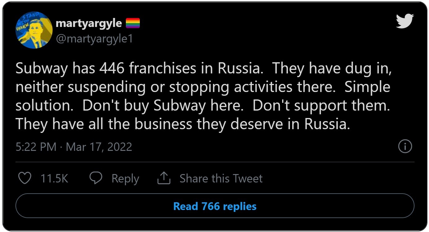 People Expose Subway Blocking People on Twitter as 'Boycott Subway' Trends Due to Ukraine War.