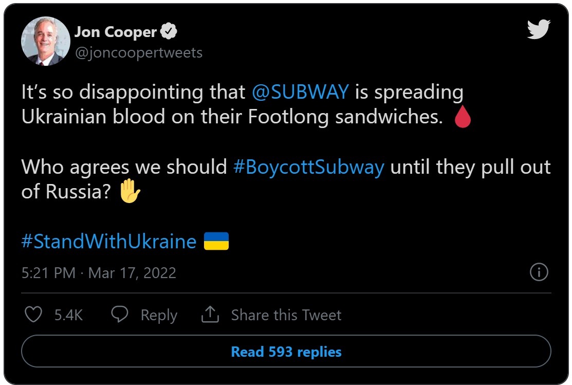 People Expose Subway Blocking People on Twitter as 'Boycott Subway' Trends Due to Ukraine War