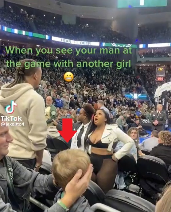 Female Fan in Revealing Outfit Catches Her Boyfriend Cheating During Sixers vs Bucks NBA Game as Parents Cover Their Kids' Eyes