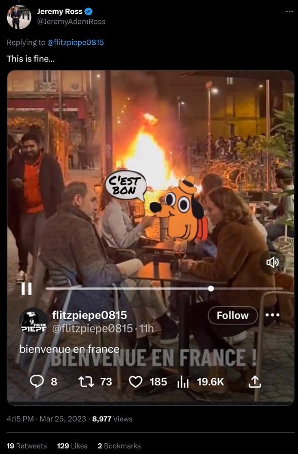 French Diners Eating Amid a Fiery Protest Fueled a Real Life "This is Fine" Meme Trend