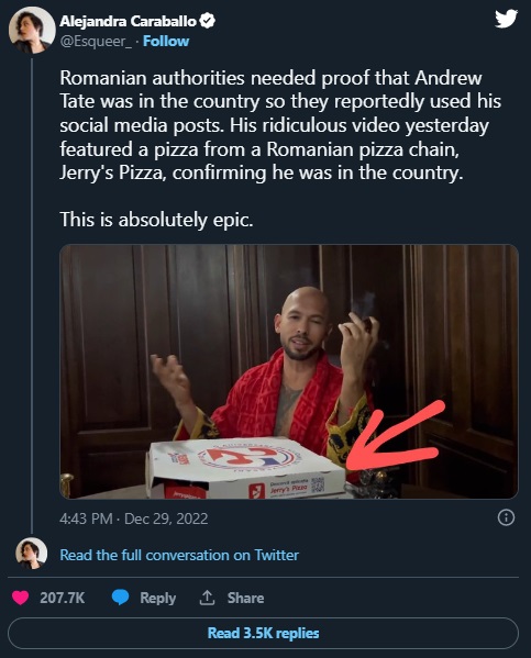 Andrew Tate snitched on himself with Jerry's Pizza boxes in Romania before arrest