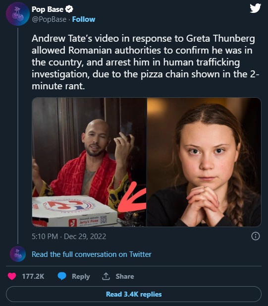 Greta Thunberg makes Andrew Tate self snitch with Jerry's Pizza boxes before trafficking arrest