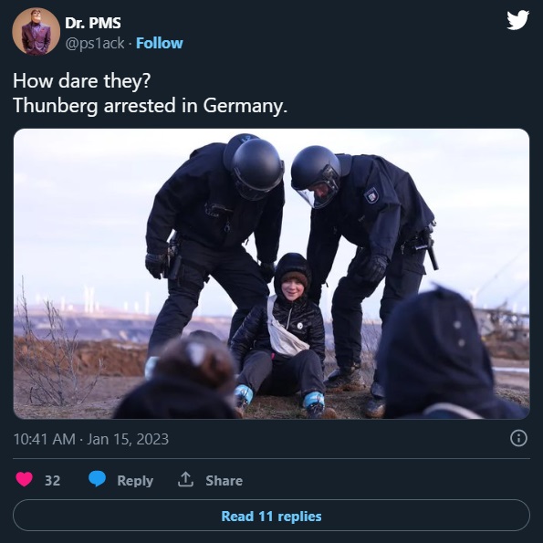 Did Greta Thunberg Get Arrested in Germany after Cops Defending the Coal Mine Got Stuck in Mud? answer in picture