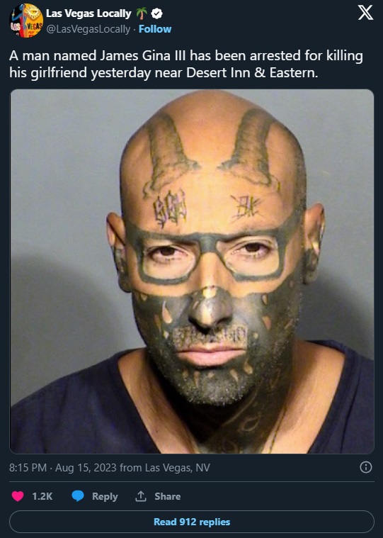 Las Vegas Man James Gina III Mugshot Glasses Tattoo and Goat Horns Tattoo