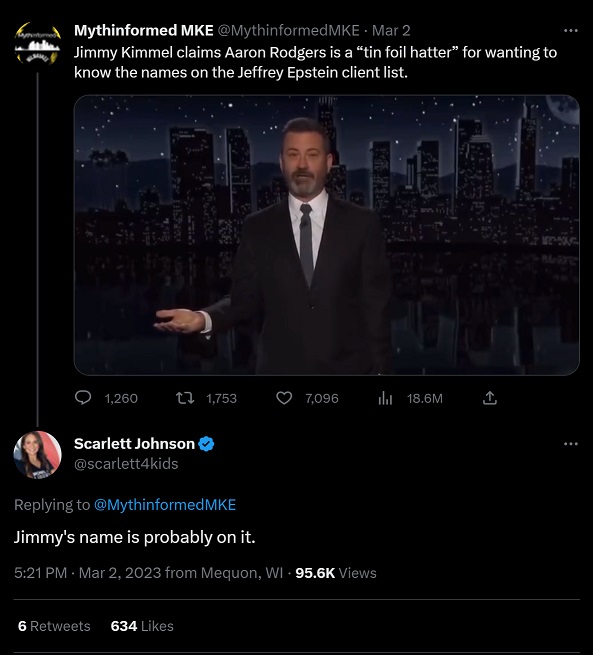 Conspiracy Theory Jimmy Kimmel Is on Jeffrey Epstein's Client List Trends after He Called Aaron Rodgers a "Tin Foil Hatter"