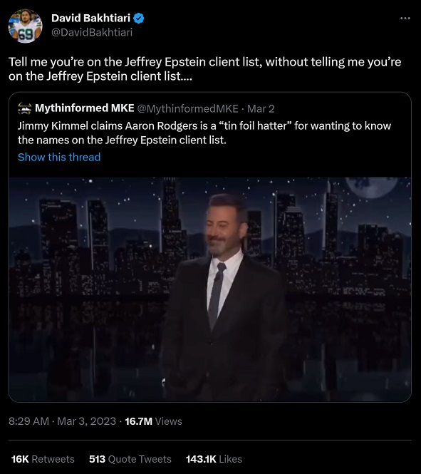 Conspiracy Theory Jimmy Kimmel Is on Jeffrey Epstein's Client List Trends after He Called Aaron Rodgers a "Tin Foil Hatter"