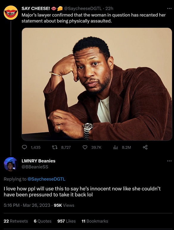 Jonathan Majors Conspiracy Theory details about woman being pressured into recanting her statement