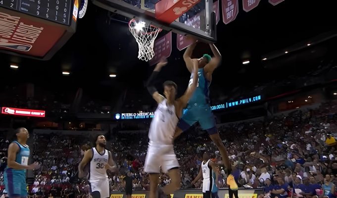 Kai Jones Dunks on Victor Wembanyama in Front Spurs General Manager Brian Wright Being Interviewed by Doris Burke