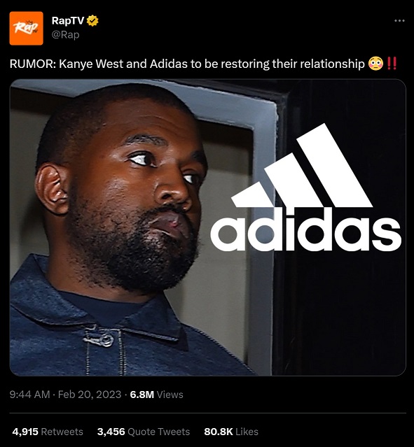 Details behind rumor that Kanye West renewed contract with Adidas. Graphic showing how the rumor Kanye West is restoring relationship with Adidas began.