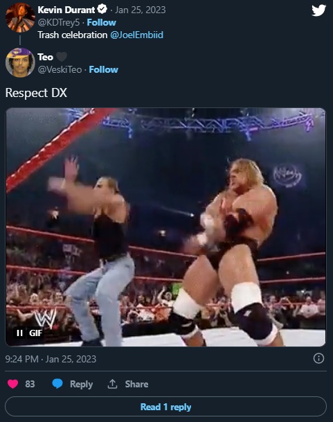 Wrestling Fans Didn't Like KD's Reaction to Joel Embiid's 'Degeneration X' Gesture Celebration