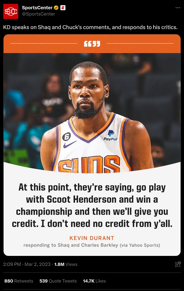 Why Did Kevin Durant Diss Scoot Henderson While Responding to Charles Barkley and Shaq Criticizing Him Joining the Suns?