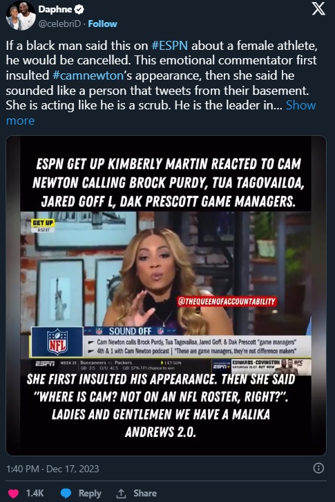 Cam newton little podcast comment reaction about Kimberly Martin Brock Purdy