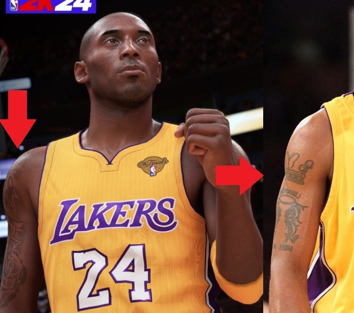 Kobe Bryant's Wrong Arm Tattoo in 2k24 Side By Side With His Correct Arm Tattoo in Real Life