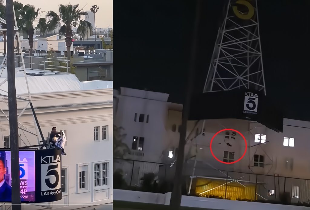 Man Holding 'Free Billie Eilish MK ULTRA' Sign Comes Down from KTLA Tower After Dropping Expensive Item