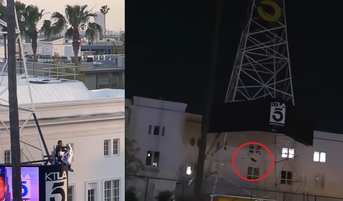 Man Holding 'Free Billie Eilish' Sign Comes Down from KTLA Tower After Dropping Expensive Item
