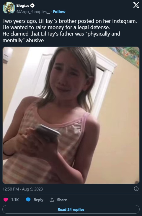 social media user providing evidence to support his conspiracy theory that Lil Tay's dad murdered her