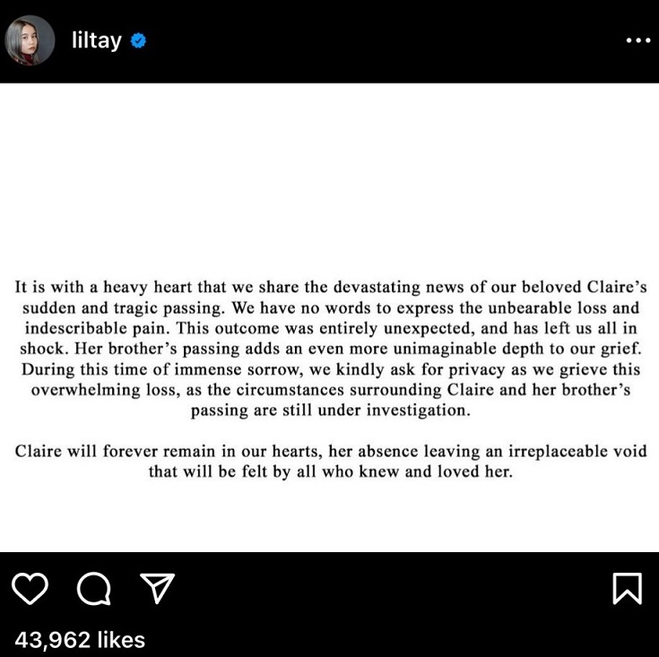 Instagram Post Confirming Lil Tay and Her Brother Jason Tian are Dead