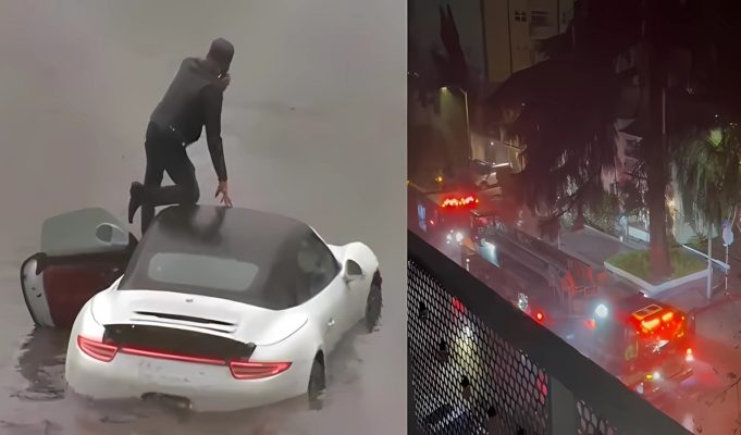 #LARain Goes Viral as LA Flash Flood Videos Show People Climbing on Porsche Cars to Escape Flood Waters and Transformers Exploding