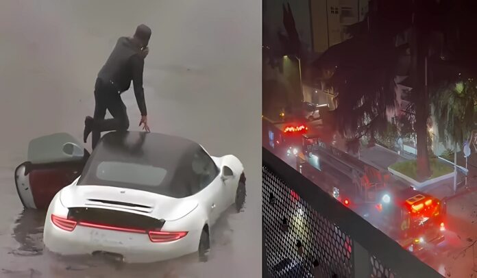 man-on-porsche-in-la-flash-flood-water