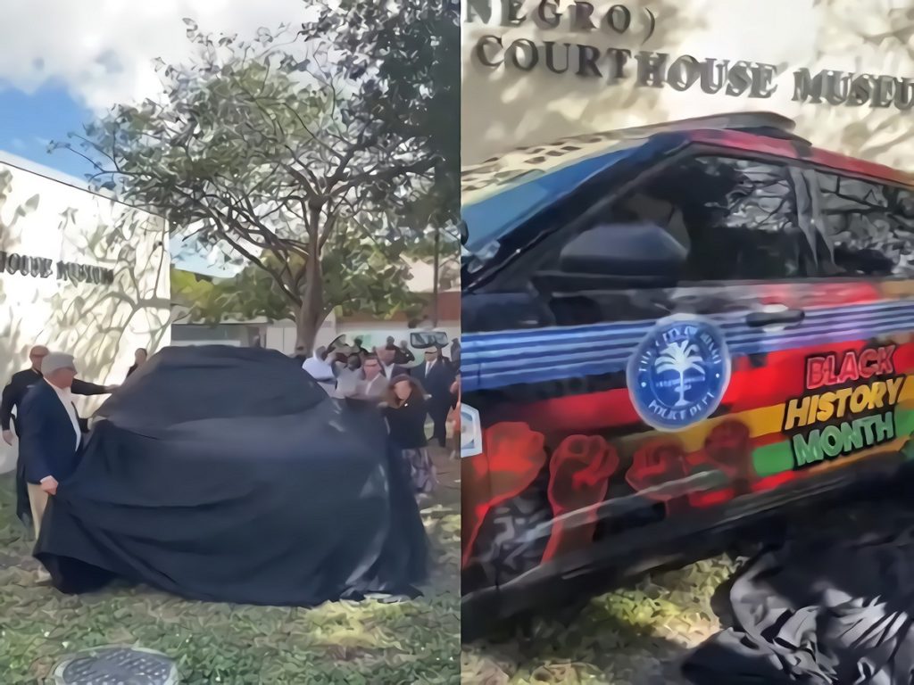 Black Twitter reacts Miami Mayor Ponzi Postalita Francis Suarez's black history month police cruiser with Kente Cloth Designs