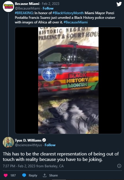 Black Twitter reacts Miami Mayor Ponzi Postalita Francis Suarez's black history month police cruiser with Kente Cloth Designs